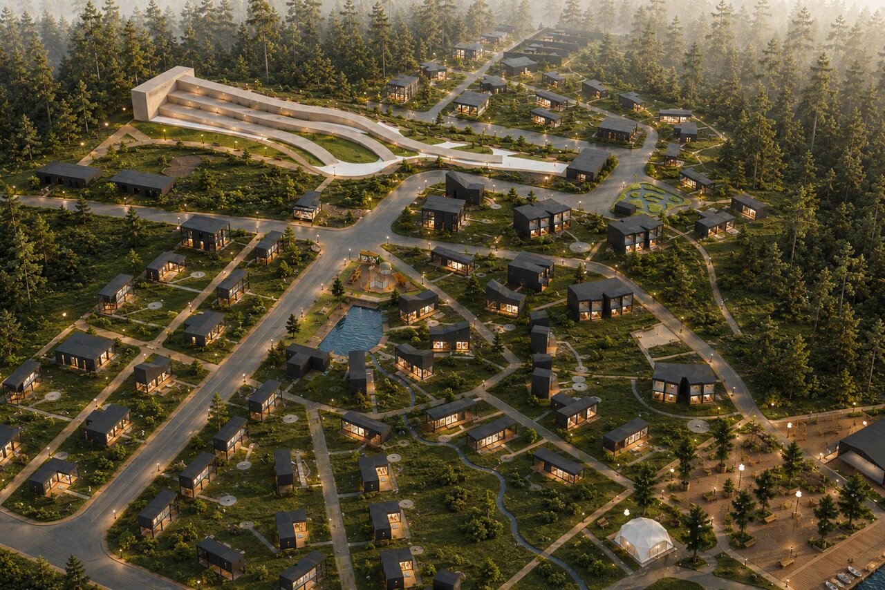Дневная визуализация концепции развития курорта White Resort: ландшафт, пруд и архитектура